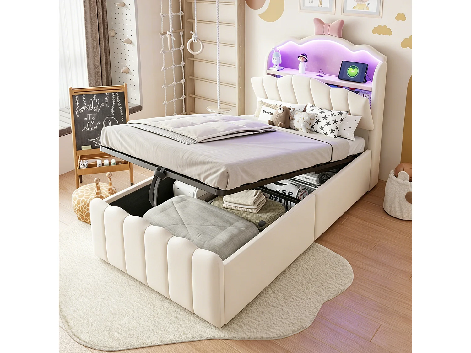 Lit d'enfant rembourré de 90 x 200 cm, avec rangement hydraulique, équipé de ports de recharge USB et USB-C, en velours, beige