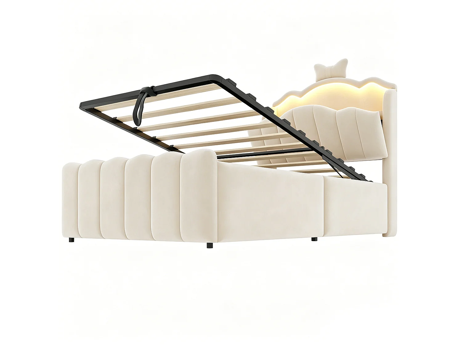Lit d'enfant rembourré de 90 x 200 cm, avec rangement hydraulique, équipé de ports de recharge USB et USB-C, en velours, beige