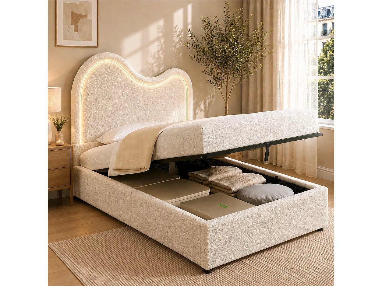 Lit rembourré pour enfant 90 × 200 cm, rangement hydraulique, avec sommier et tête de lit, tête de lit rembourrée, velours, beige