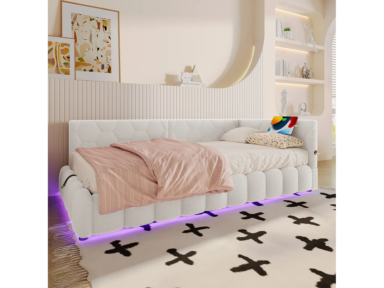 Canapé-lit 90 × 200 cm, rangement hydraulique, bande lumineuse LED, port USB Type-C, revêtement imitation feutre, blanc