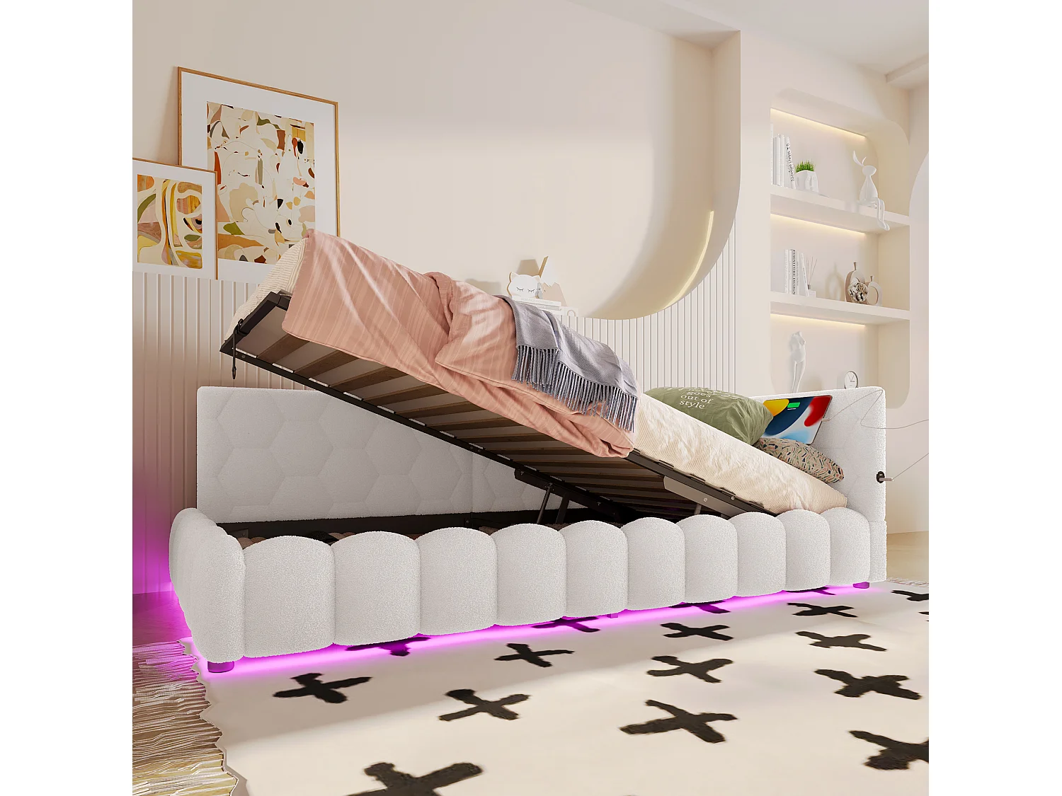Canapé-lit 90 × 200 cm, rangement hydraulique, bande lumineuse LED, port USB Type-C, revêtement imitation feutre, blanc