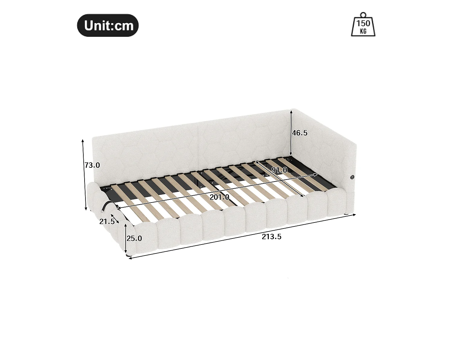 Canapé-lit 90 × 200 cm, rangement hydraulique, bande lumineuse LED, port USB Type-C, revêtement imitation feutre, blanc