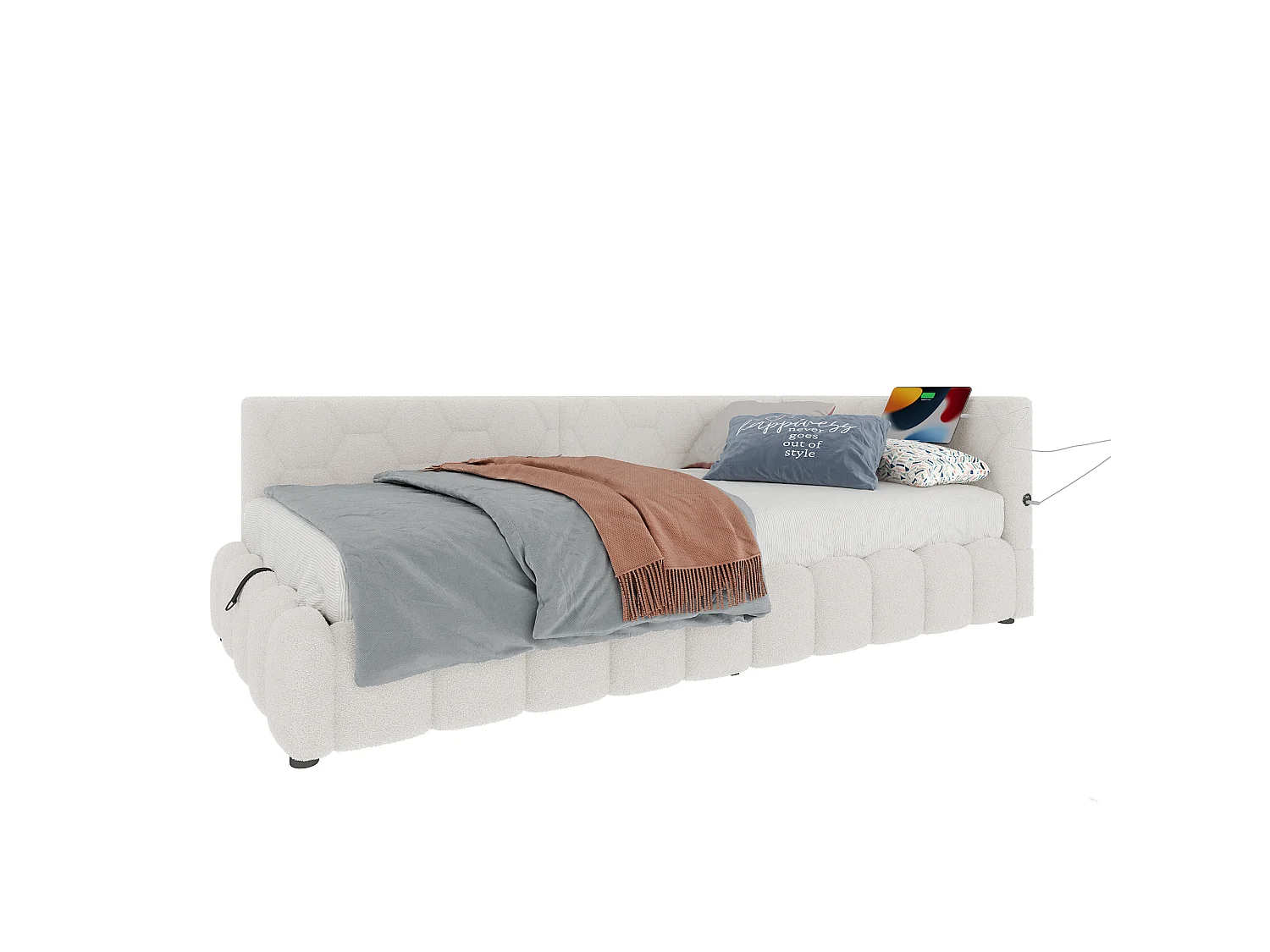 Canapé-lit 90 × 200 cm, rangement hydraulique, bande lumineuse LED, port USB Type-C, revêtement imitation feutre, blanc