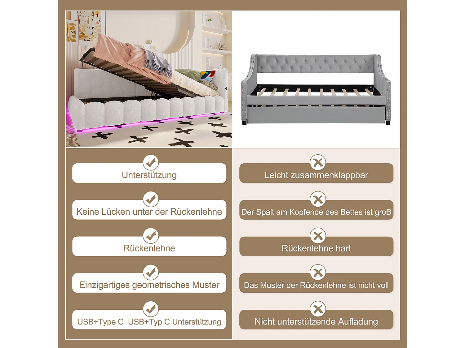 Canapé-lit 90 × 200 cm, rangement hydraulique, bande lumineuse LED, port USB Type-C, revêtement imitation feutre, blanc