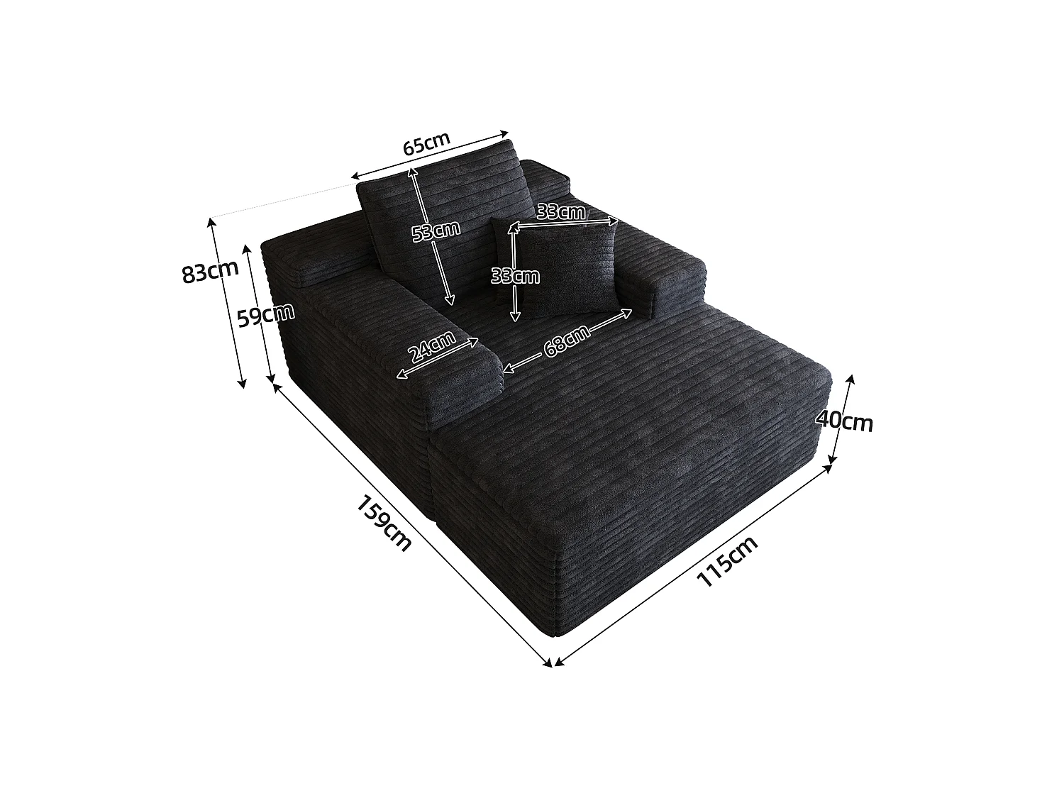 Canapé modulaire sans armature, en velours côtelé, assise profonde, rembourrage en mousse, prêt à l'emploi, noir