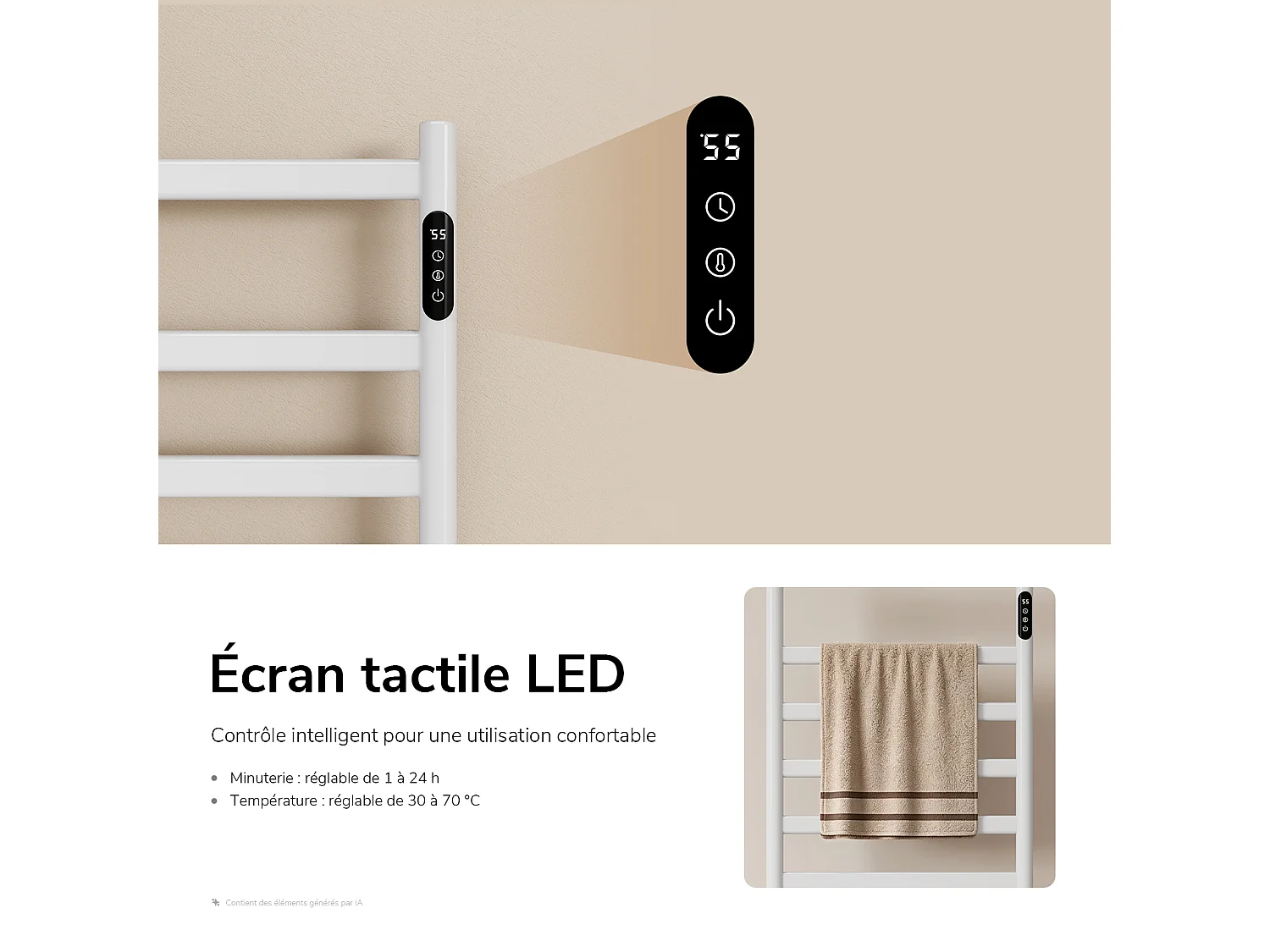 EMKE Sèche-serviettes électrique sur pied 100 x 53 cm, 285 W, Wi-Fi, Alexa, blanc, 6 modes