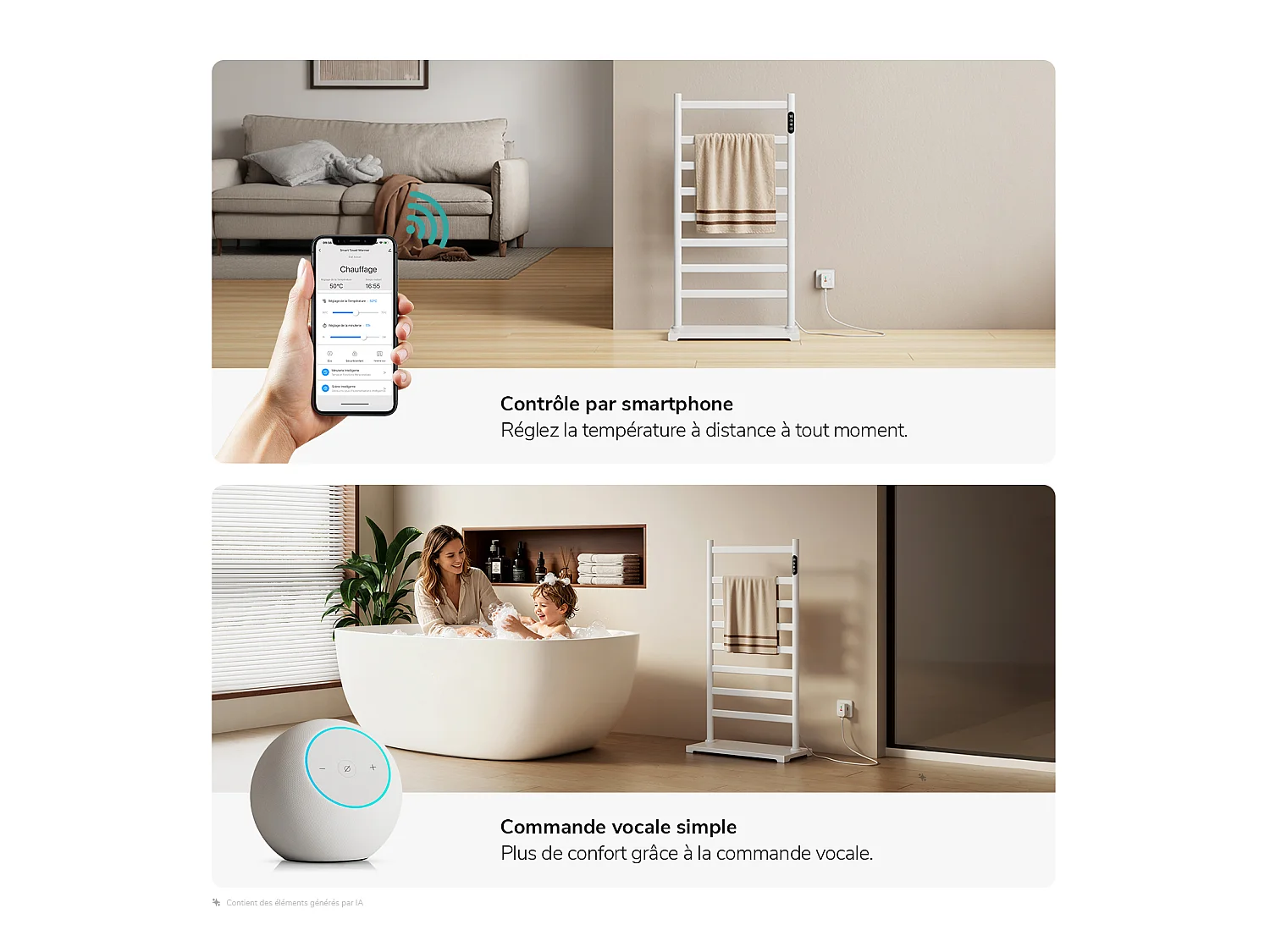EMKE Sèche-serviettes électrique sur pied 100 x 53 cm, 285 W, Wi-Fi, Alexa, blanc, 6 modes