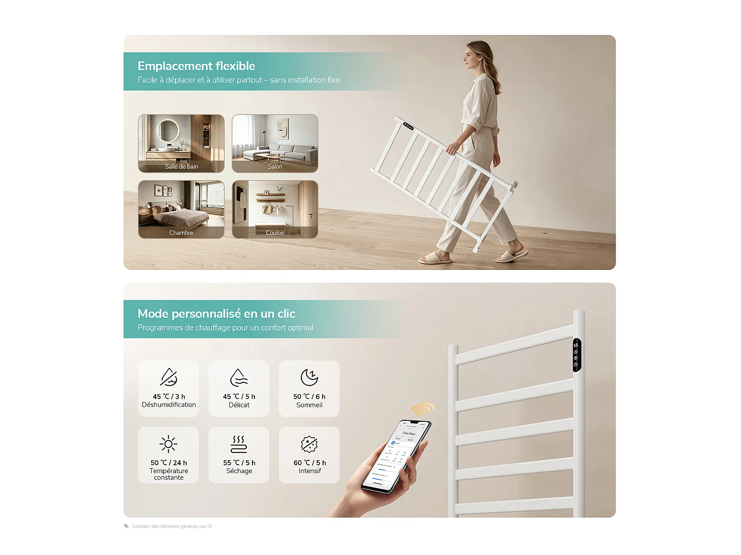 EMKE Sèche-serviettes électrique sur pied 100 x 53 cm, 285 W, Wi-Fi, Alexa, blanc, 6 modes
