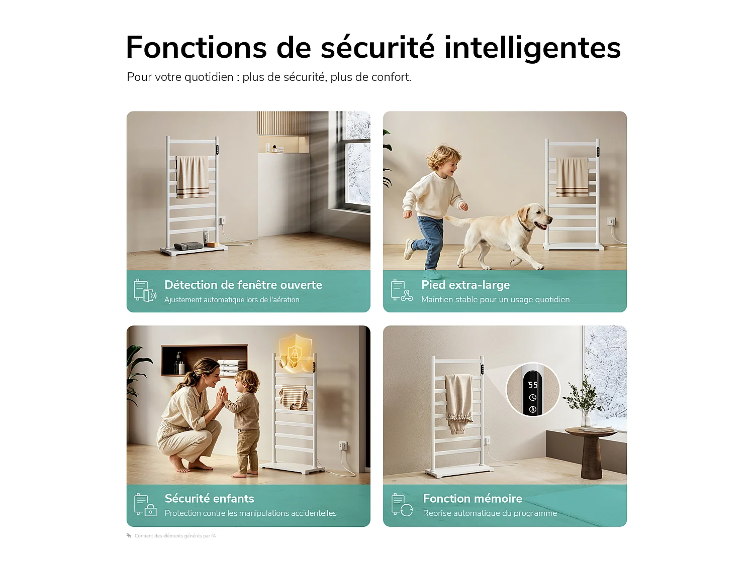 EMKE Sèche-serviettes électrique sur pied 100 x 53 cm, 285 W, Wi-Fi, Alexa, blanc, 6 modes