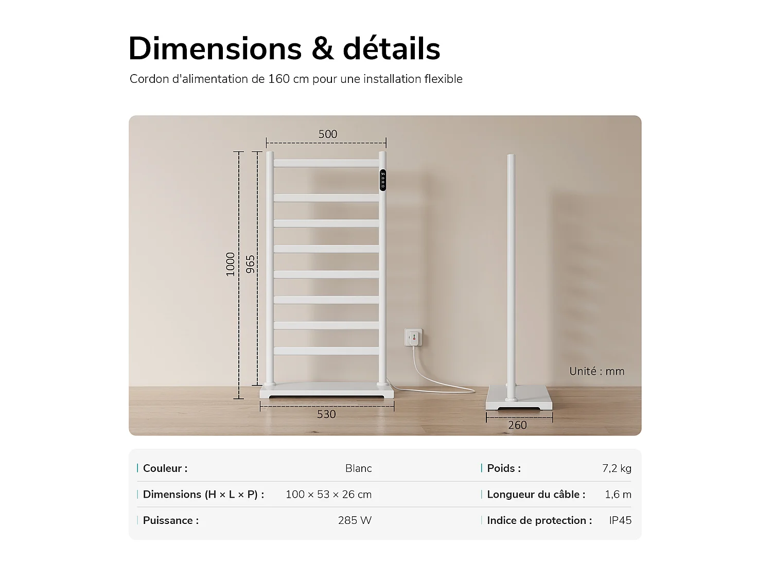 EMKE Sèche-serviettes électrique sur pied 100 x 53 cm, 285 W, Wi-Fi, Alexa, blanc, 6 modes