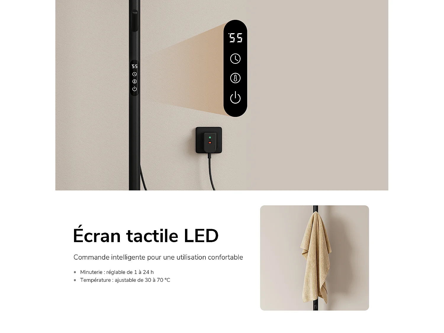EMKE Sèche-serviettes électrique sur pied 150 x 32 x 32 cm, 100 W, Wi-Fi, Alexa, noir mat, 6 modes