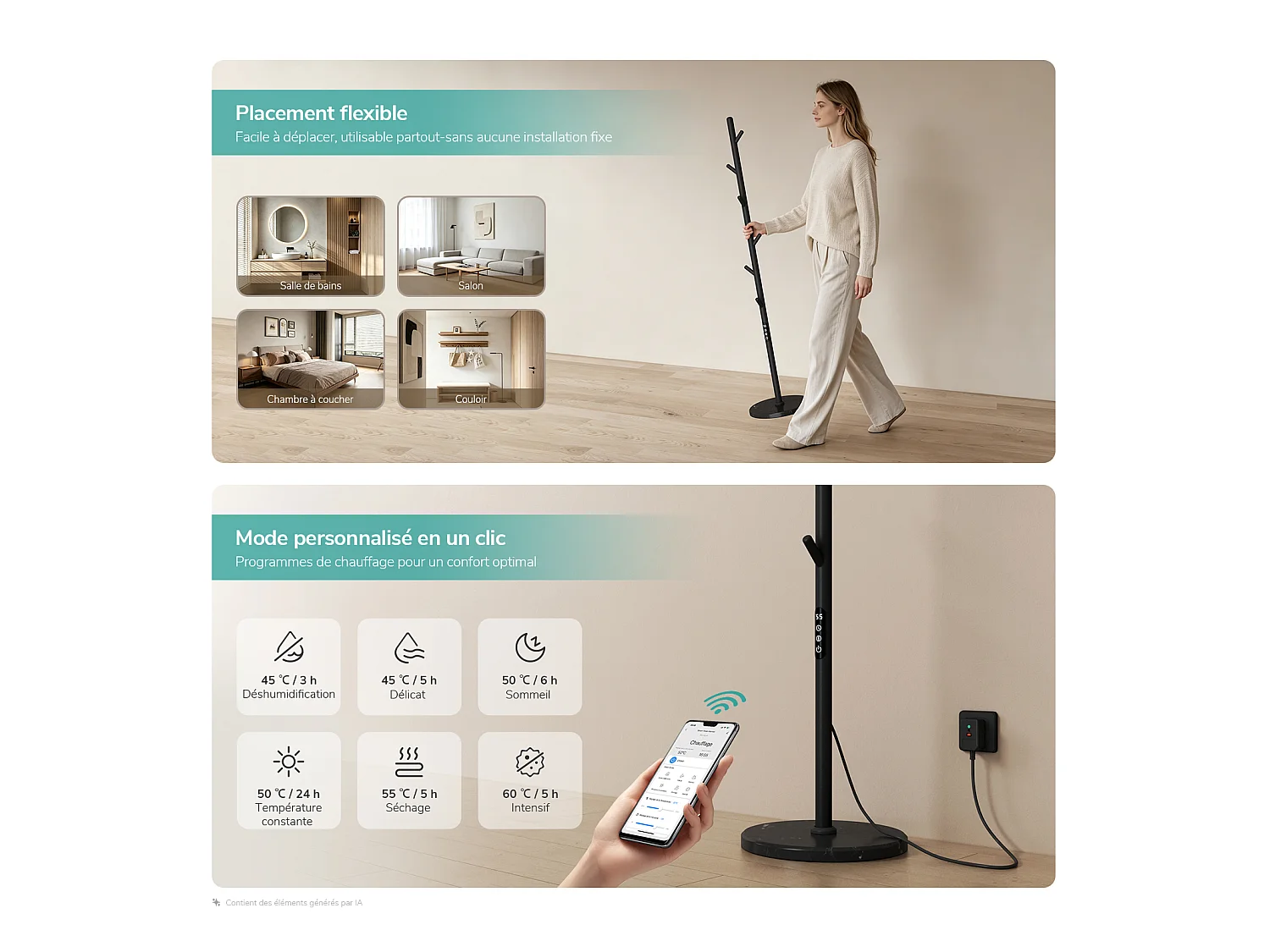 EMKE Sèche-serviettes électrique sur pied 150 x 32 x 32 cm, 100 W, Wi-Fi, Alexa, noir mat, 6 modes