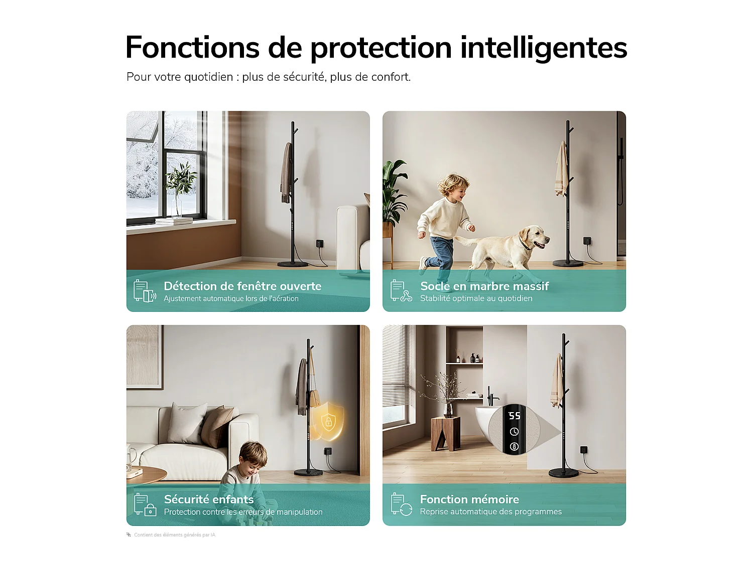 EMKE Sèche-serviettes électrique sur pied 150 x 32 x 32 cm, 100 W, Wi-Fi, Alexa, noir mat, 6 modes