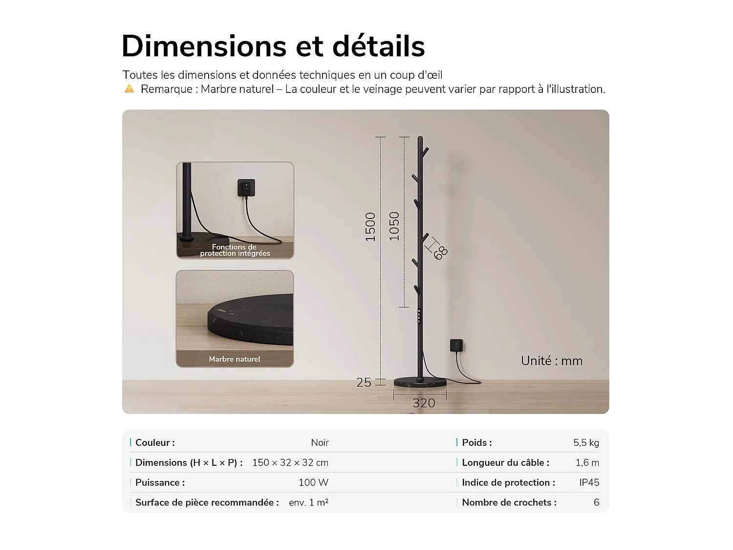 EMKE Sèche-serviettes électrique sur pied 150 x 32 x 32 cm, 100 W, Wi-Fi, Alexa, noir mat, 6 modes