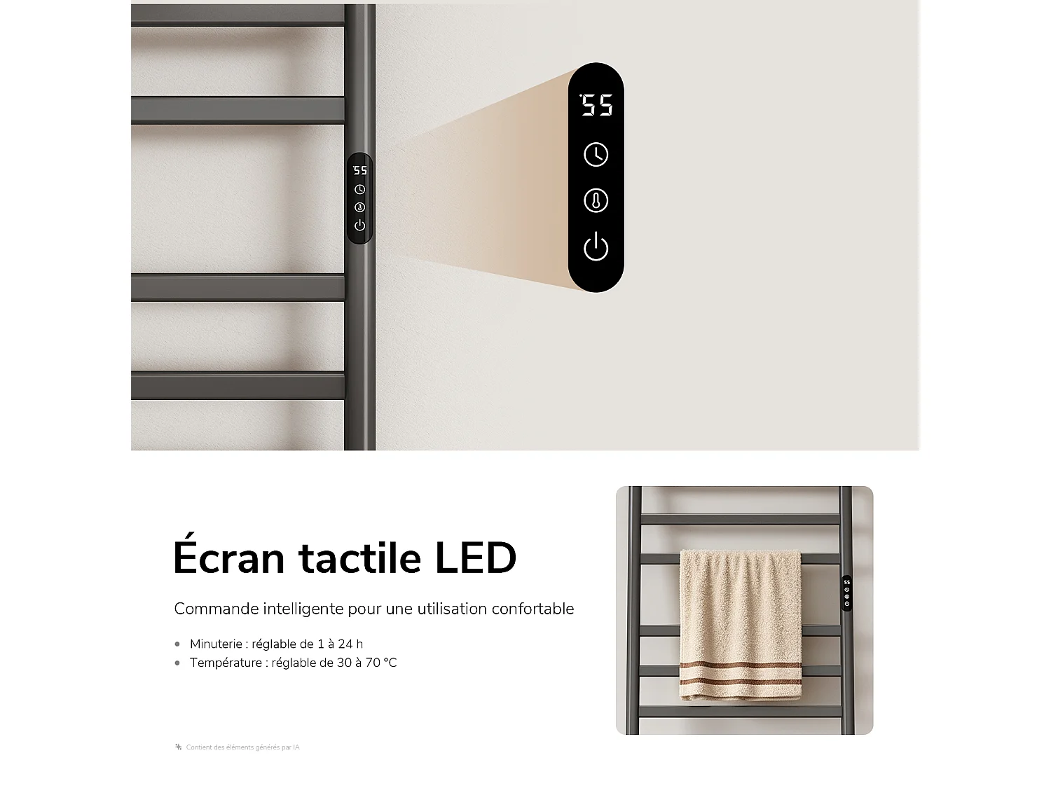 EMKE Sèche-serviettes électrique à poser 160 x 55 cm, 385 W, Wi-Fi, Alexa, Gris, 6 modes