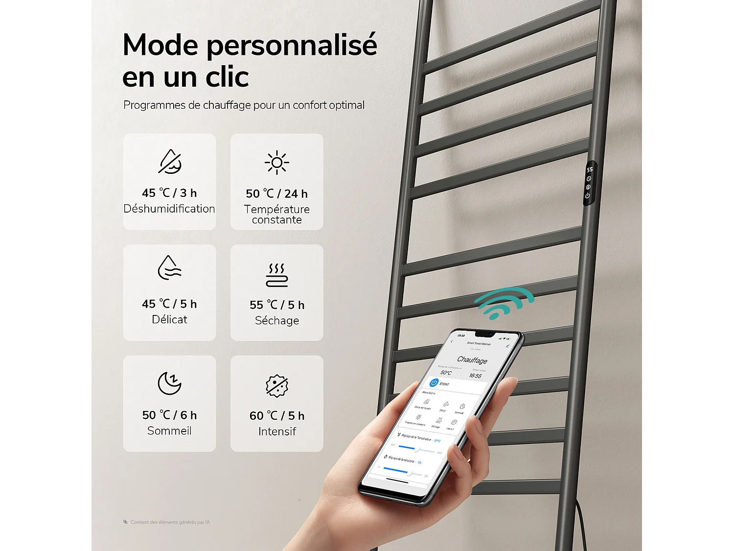 EMKE Sèche-serviettes électrique à poser 160 x 55 cm, 385 W, Wi-Fi, Alexa, Gris, 6 modes