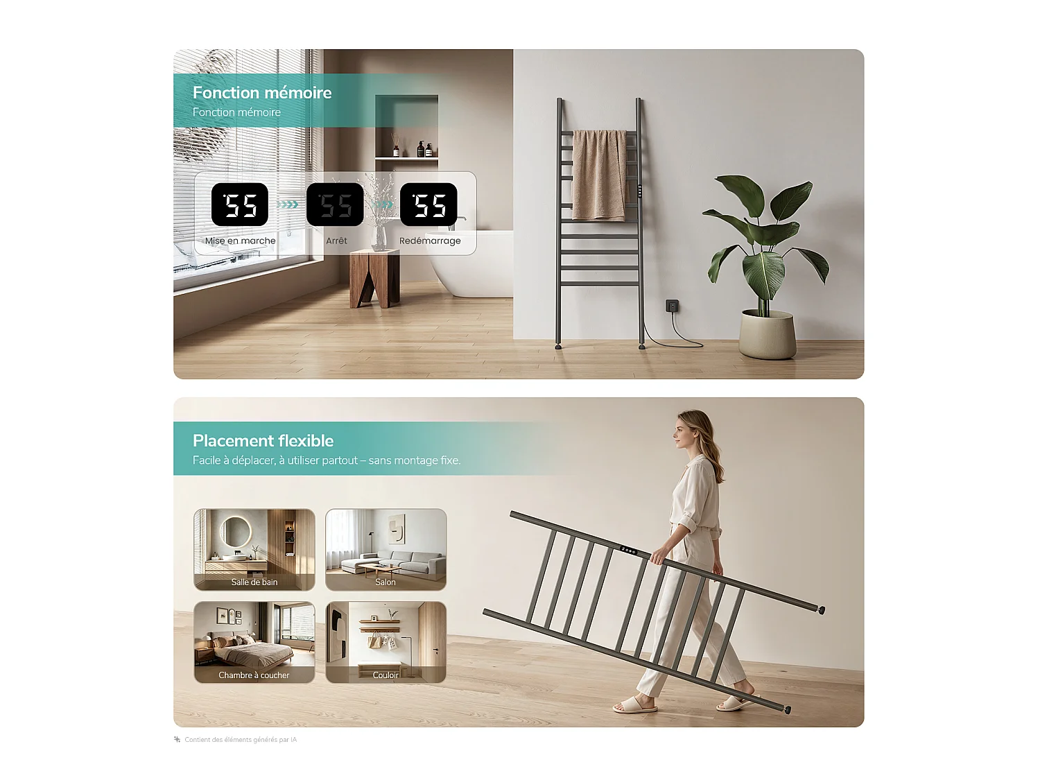EMKE Sèche-serviettes électrique à poser 160 x 55 cm, 385 W, Wi-Fi, Alexa, Gris, 6 modes