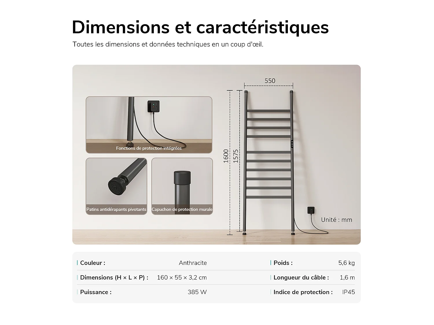 EMKE Sèche-serviettes électrique à poser 160 x 55 cm, 385 W, Wi-Fi, Alexa, Gris, 6 modes