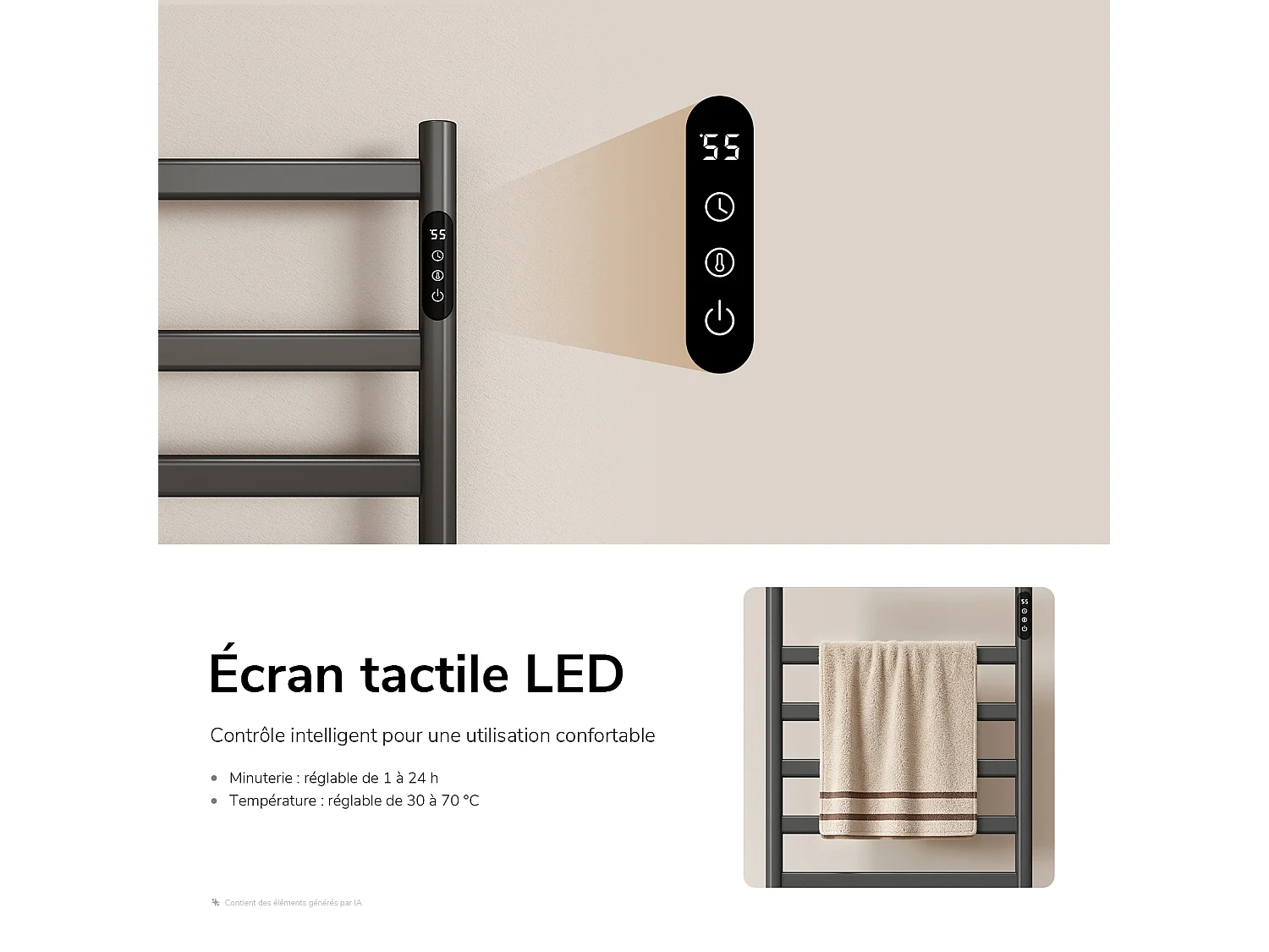 EMKE Sèche-serviettes électrique sur pied 100 x 53 cm, 285 W, Wi-Fi, Alexa, Gris, 6 modes