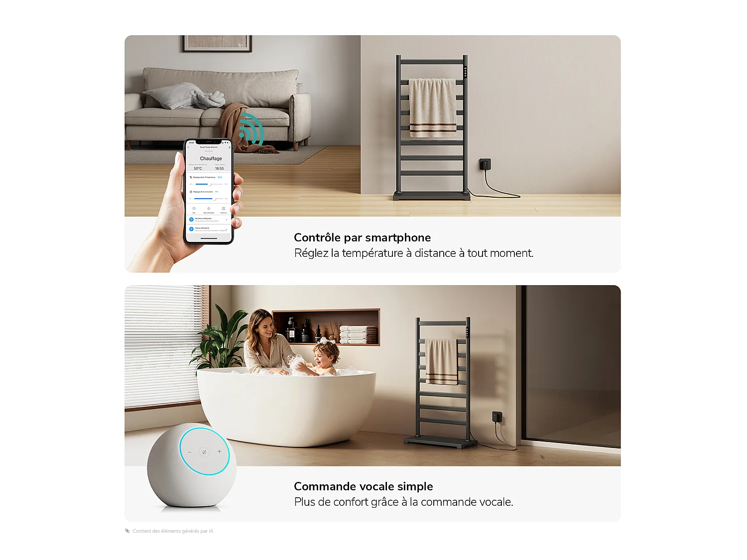EMKE Sèche-serviettes électrique sur pied 100 x 53 cm, 285 W, Wi-Fi, Alexa, Gris, 6 modes