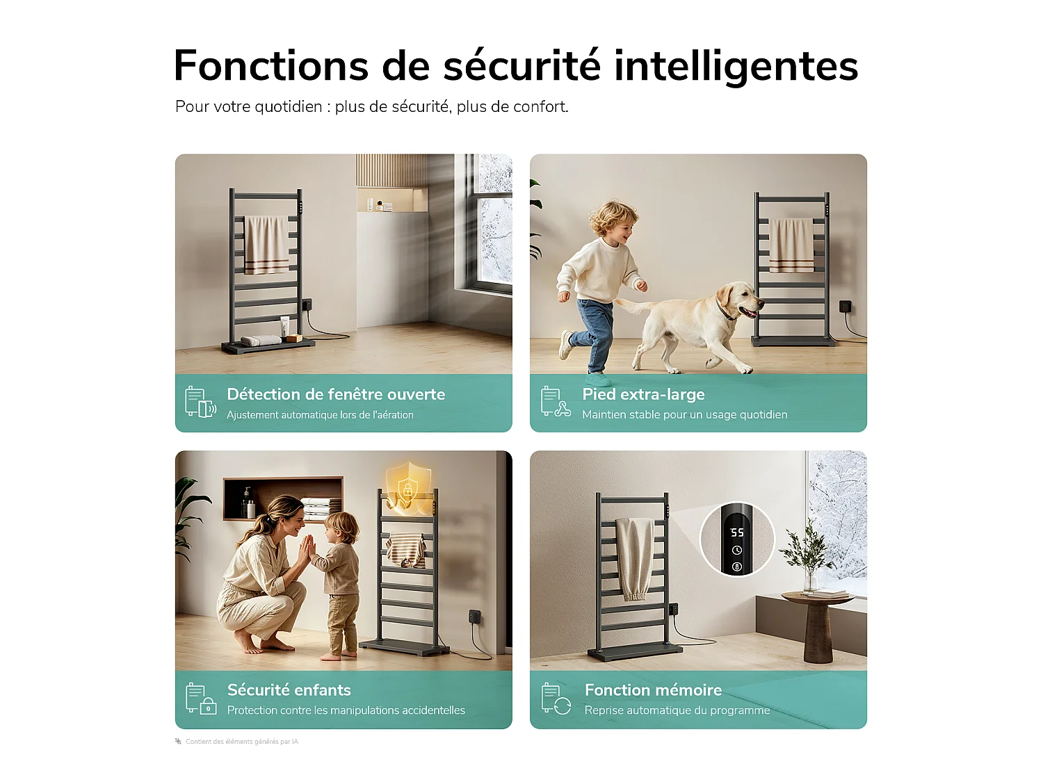 EMKE Sèche-serviettes électrique sur pied 100 x 53 cm, 285 W, Wi-Fi, Alexa, Gris, 6 modes