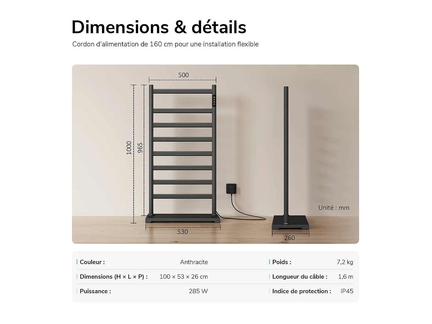 EMKE Sèche-serviettes électrique sur pied 100 x 53 cm, 285 W, Wi-Fi, Alexa, Gris, 6 modes