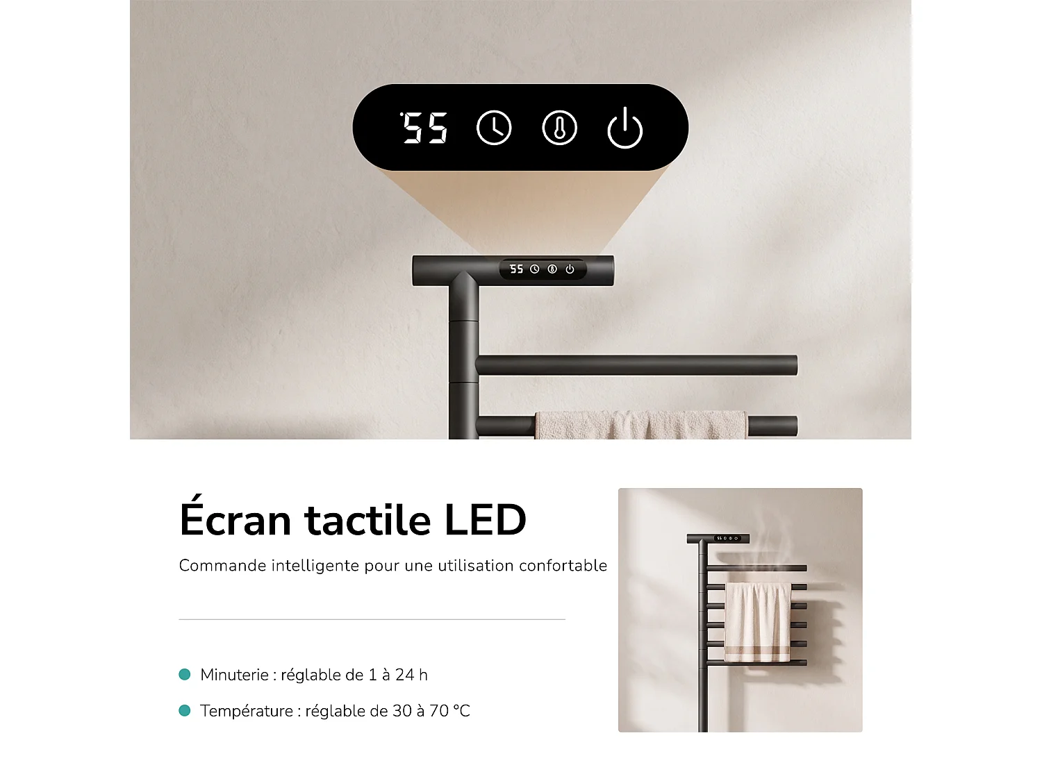 EMKE Sèche-serviettes électrique sur pied 100 x 53,9 x 35 cm, 140 W, Barres Pivotantes 180 degrés, Wi-Fi, Alexa, noir 6 modes