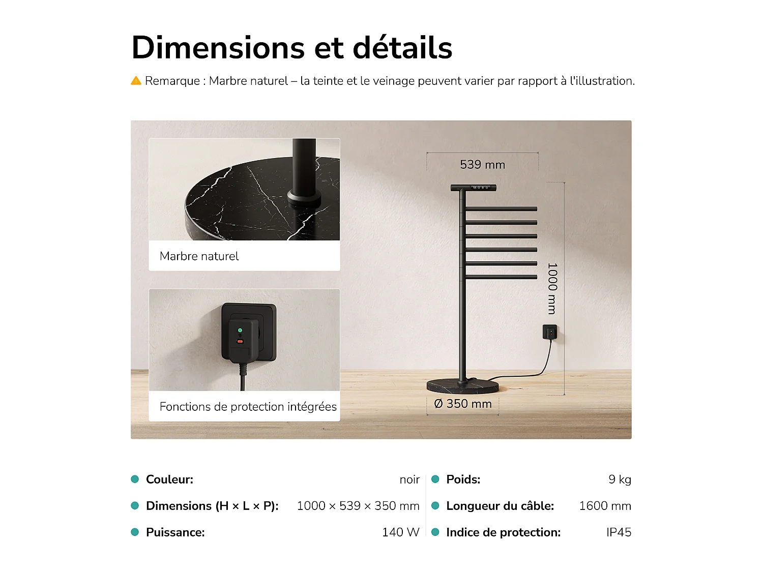 EMKE Sèche-serviettes électrique sur pied 100 x 53,9 x 35 cm, 140 W, Barres Pivotantes 180 degrés, Wi-Fi, Alexa, noir 6 modes