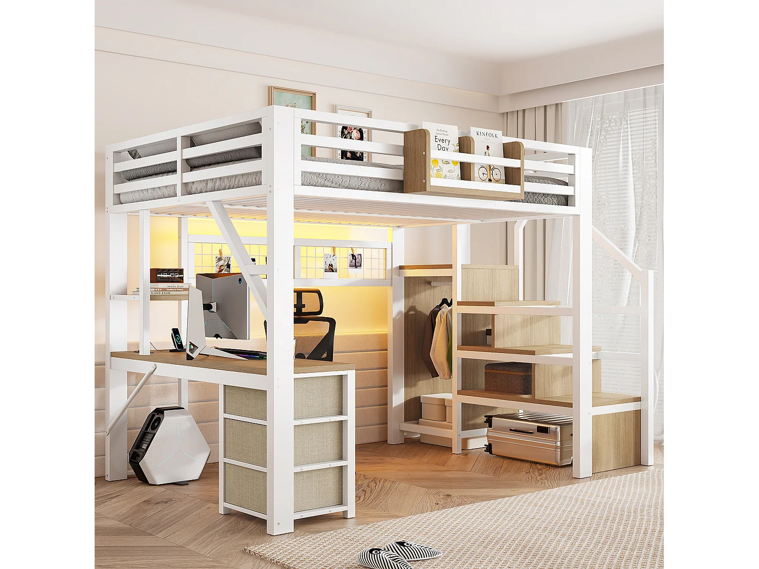 Lit mezzanine pour enfant 140 x 200 cm, avec bureau, 3 tiroirs, compartiments de rangement et armoire, éclairage LED, métal, blanc