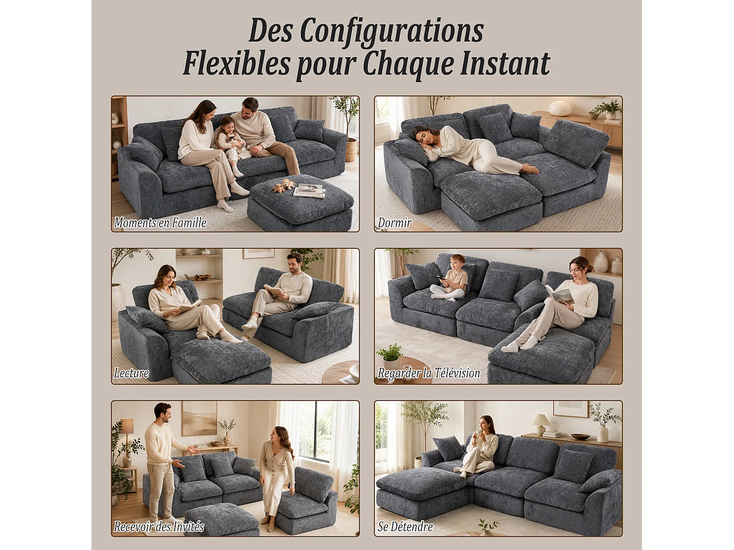 HomeMiYN Canapé modulable 3 places, canapé d'angle avec méridienne, coussins épais en mousse haute résilience, canapé salon sans montage