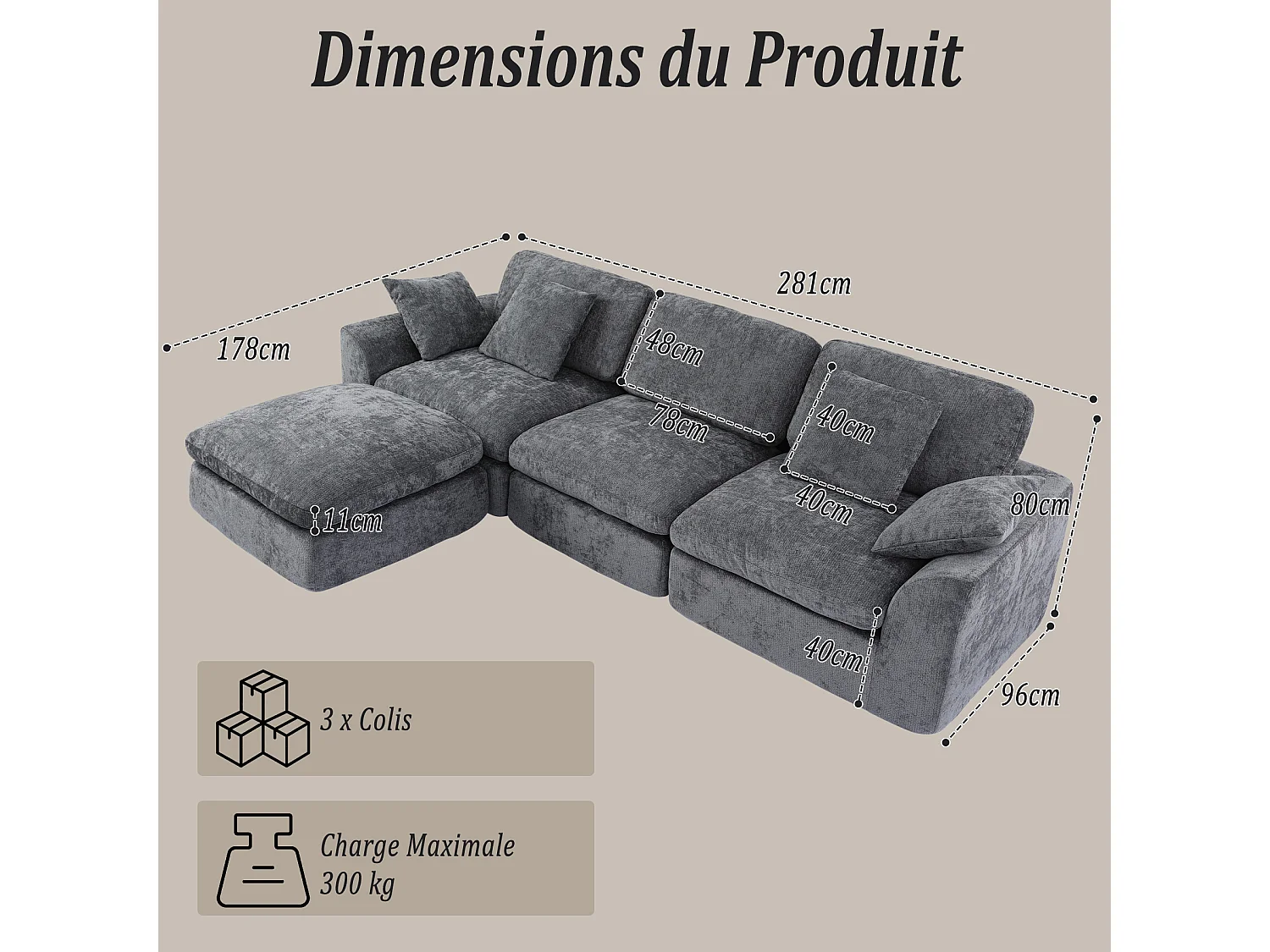 HomeMiYN Canapé modulable 3 places, canapé d'angle avec méridienne, coussins épais en mousse haute résilience, canapé salon sans montage
