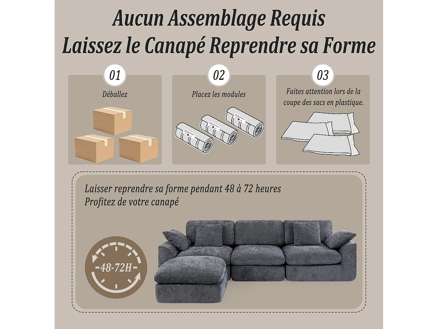 HomeMiYN Canapé modulable 3 places, canapé d'angle avec méridienne, coussins épais en mousse haute résilience, canapé salon sans montage