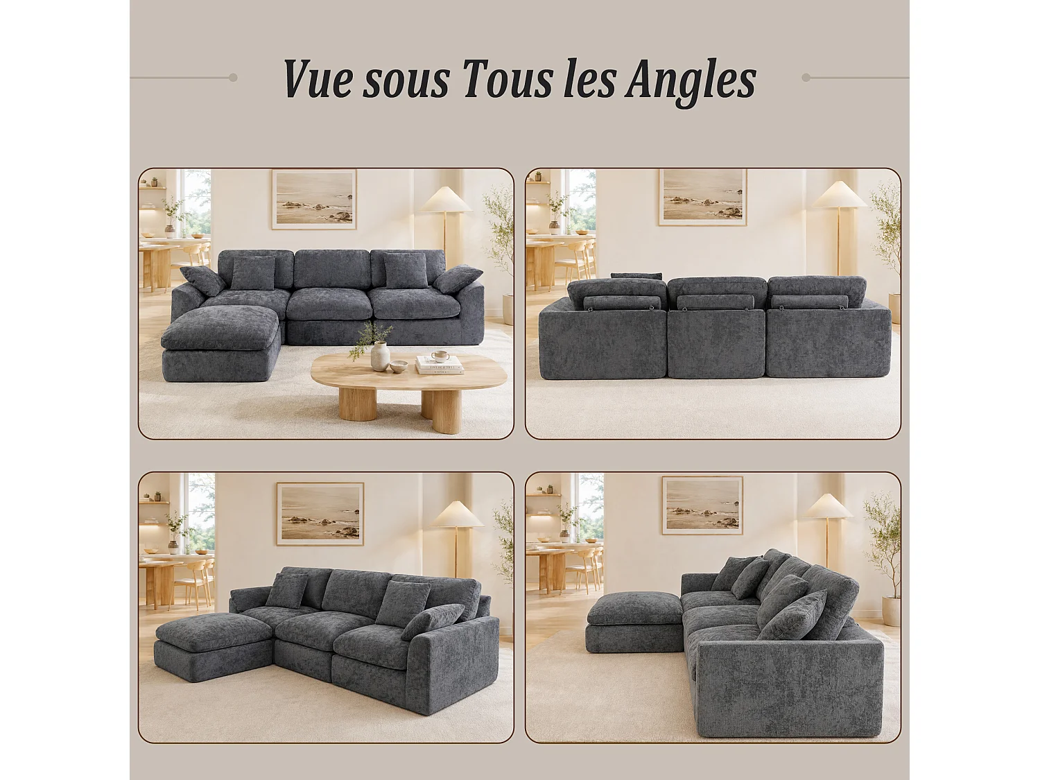 HomeMiYN Canapé modulable 3 places, canapé d'angle avec méridienne, coussins épais en mousse haute résilience, canapé salon sans montage