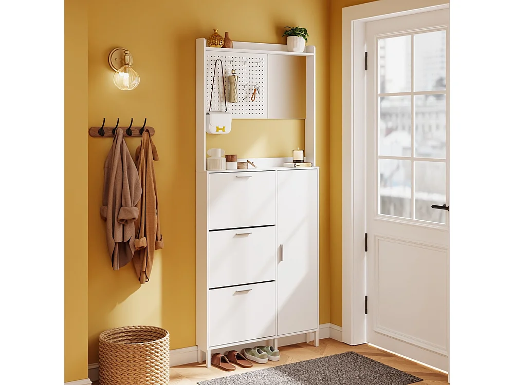 SoBuy Shoe Cabinet with Mirror, 6 Hooks, 9 Shelves, White 83x14x197cm FSR233-W