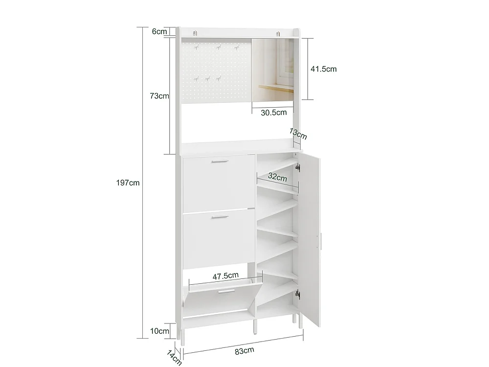 SoBuy Shoe Cabinet with Mirror, 6 Hooks, 9 Shelves, White 83x14x197cm FSR233-W