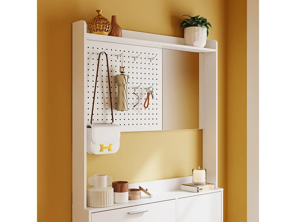SoBuy Shoe Cabinet with Mirror, 6 Hooks, 9 Shelves, White 83x14x197cm FSR233-W