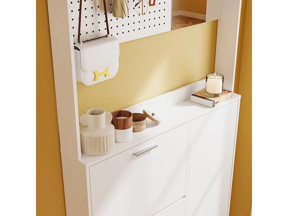 SoBuy Shoe Cabinet with Mirror, 6 Hooks, 9 Shelves, White 83x14x197cm FSR233-W