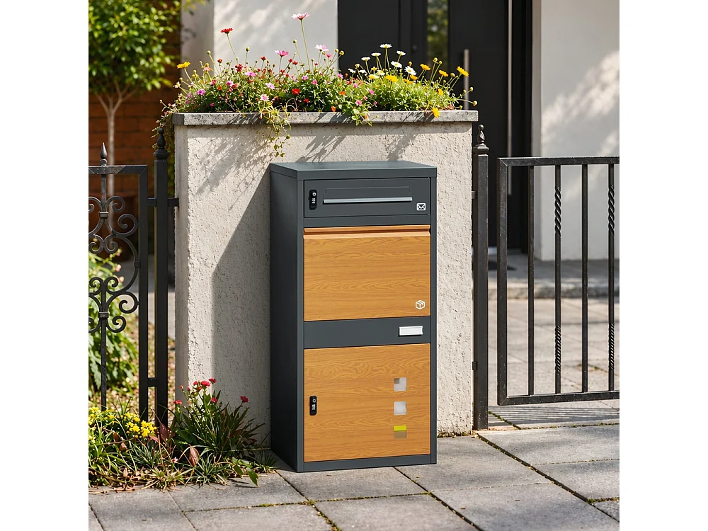 SoBuy Mailbox with Parcel Box Lockable Dark Grey Wood Effect 55x41.3x112cm OGS67-N