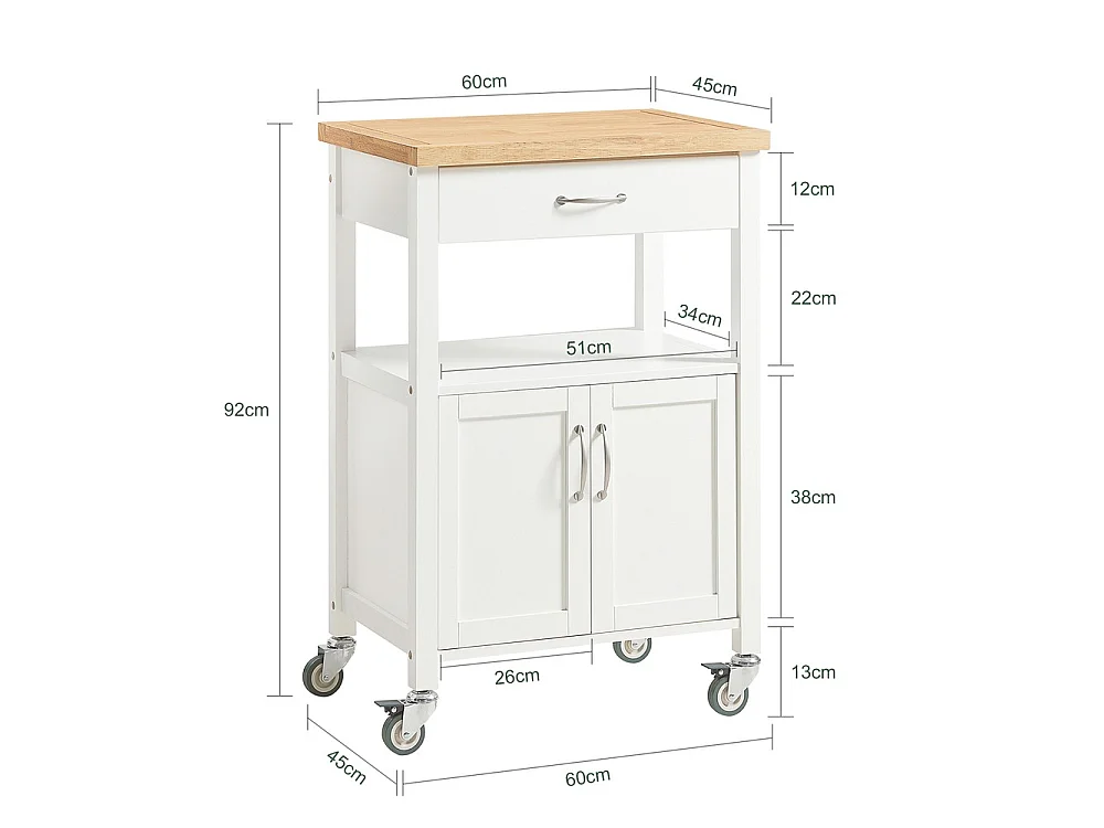 SoBuy Kitchen Cart with Drawer Door Shelf Wheels White Wood 60x45x92cm FKW22-II-WN