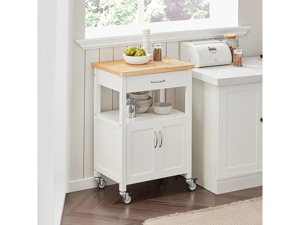 SoBuy Kitchen Cart with Drawer Door Shelf Wheels White Wood 60x45x92cm FKW22-II-WN