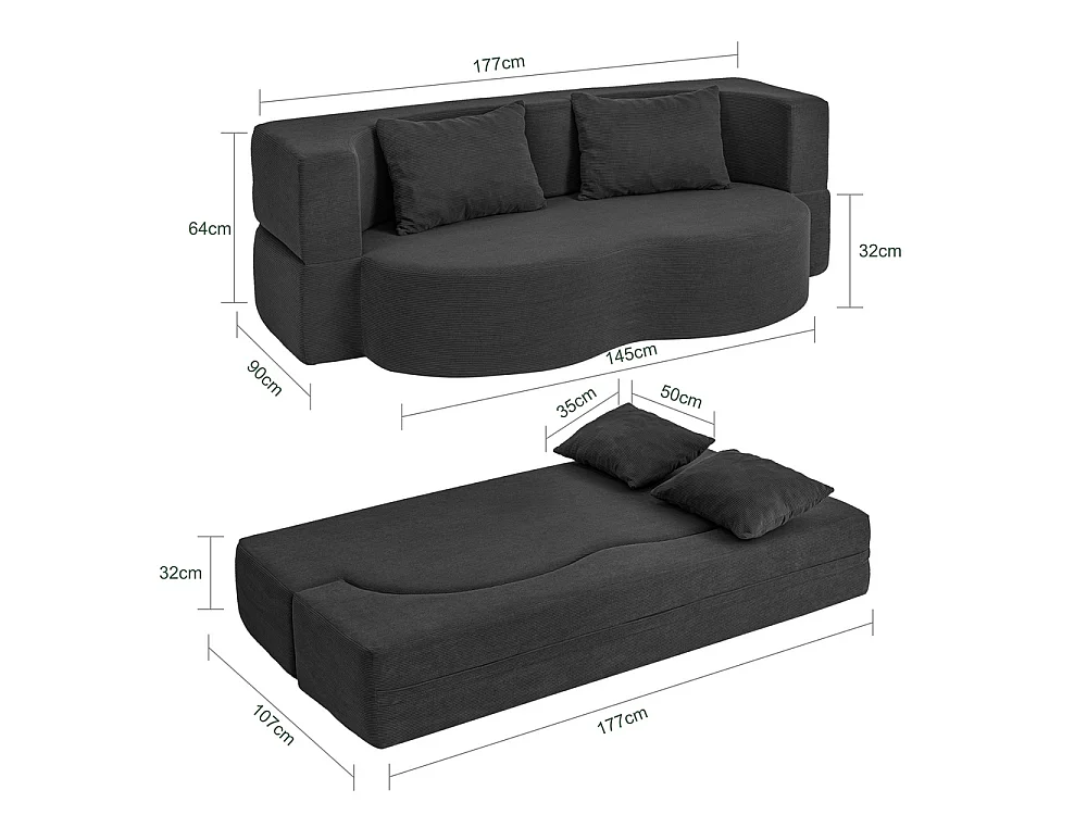 SoBuy Canapé-lit Convertible Noir 177x107x32cm FST101-SCH
