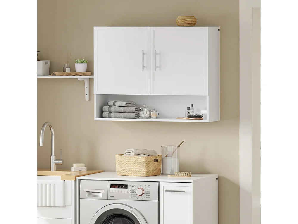 SoBuy Armoire Murale Suspendue 2 Portes Étagère Ouverte Blanc 90x28.5x70cm BZR233-W