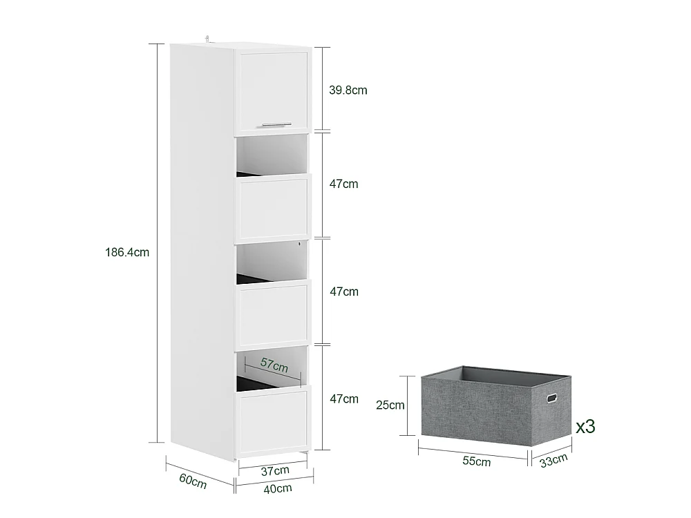 SoBuy Armadio Multiuso con 4 Ante e Cestino per Biancheria Bianco 60x40x186.4cm BZR232-W