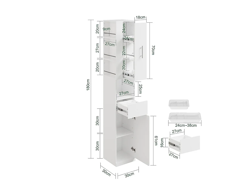 SoBuy Bathroom Cabinet Storage Drawer Door White 30x30x180cm BZR242-W