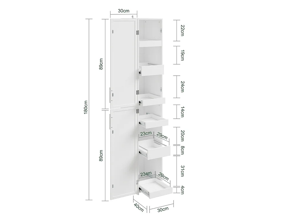 SoBuy Bathroom Tall Cabinet Drawer Door White 30x40x180cm BZR243-W
