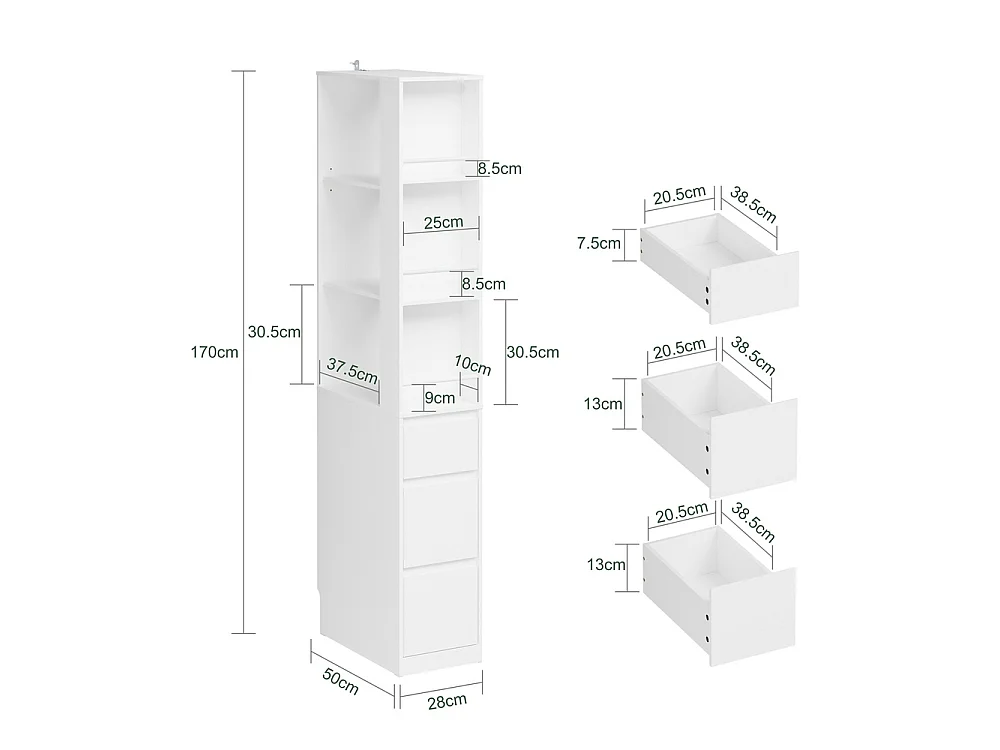 SoBuy Libreria con Cassetti Colore Bianco 28x50x170cm STR15-W