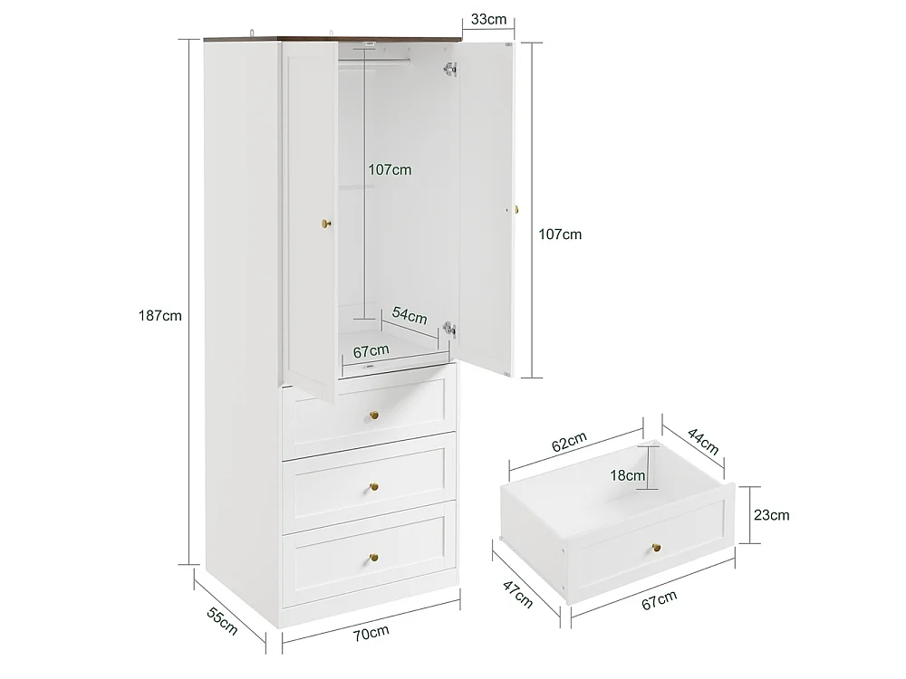 SoBuy Wardrobe Drawer Door White Wood 70x55x187cm KSB04-W