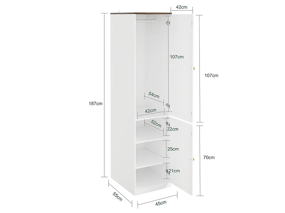 SoBuy Kledingkast met 2 deuren Wit Hout 45x55x187cm KSB03-W