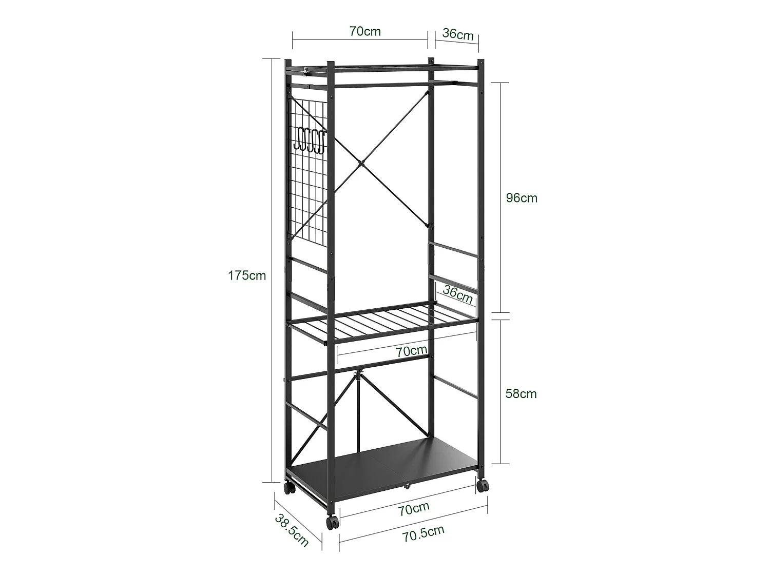 SoBuy Kledingrek met wielen Kleur Zwart 70x38x175cm KLS22-SCH