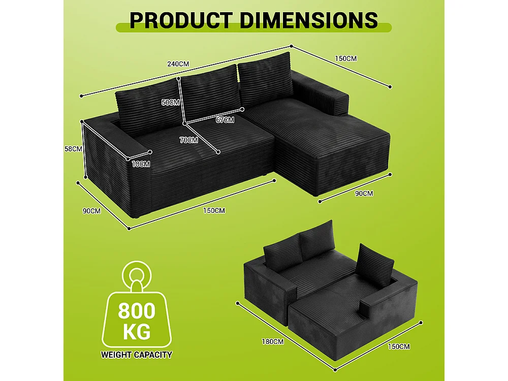 Canapé modulable en velours côtelé sans armature, en L, avec méridienne, assise profonde, base à ressorts ensachés, montage facile, pour le salon